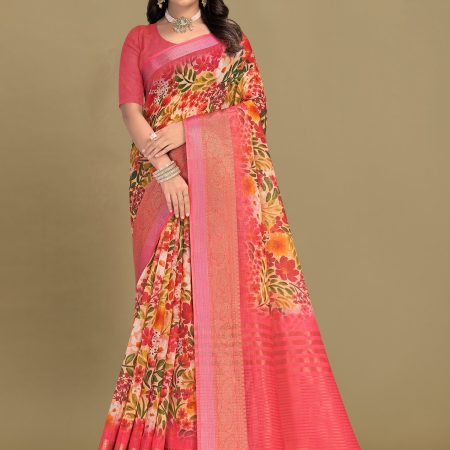 Pink Linen Silk Saree with Floral Patterns, Zari Weave Border, and Chit Pallu