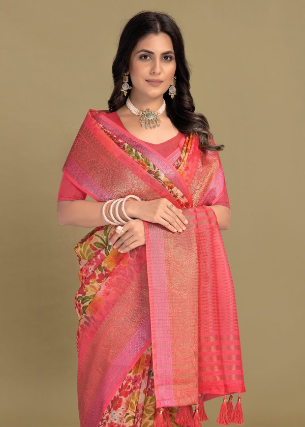 Pink Linen Silk Saree with Floral Patterns, Zari Weave Border, and Chit Pallu