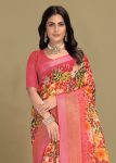 Pink Linen Silk Saree with Floral Patterns, Zari Weave Border, and Chit Pallu