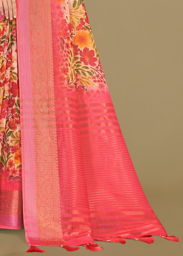 Pink Linen Silk Saree with Floral Patterns, Zari Weave Border, and Chit Pallu