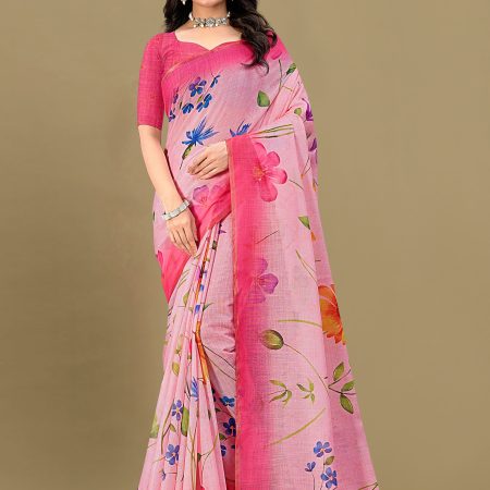 Pink Linen Silk Saree Adorned with Floral Motifs, Zari Border, and Tassel Accents