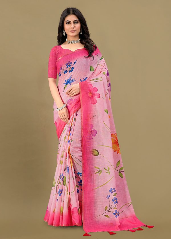 Pink Linen Silk Saree Adorned with Floral Motifs, Zari Border, and Tassel Accents