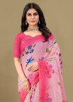 Pink Linen Silk Saree Adorned with Floral Motifs, Zari Border, and Tassel Accents