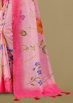 Pink Linen Silk Saree Adorned with Floral Motifs, Zari Border, and Tassel Accents