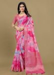 Pink Organza Saree Adorned with Abstract Prints, Zari Embellished Border and Buttas