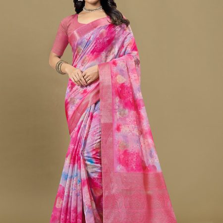 Pink Organza Saree Adorned with Abstract Prints, Zari Embellished Border and Buttas