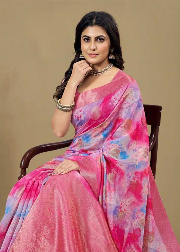 Pink Organza Saree Adorned with Abstract Prints, Zari Embellished Border and Buttas