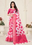 Pink Silk Crush Saree Featuring Digital Floral Prints and a Zari Weave Border