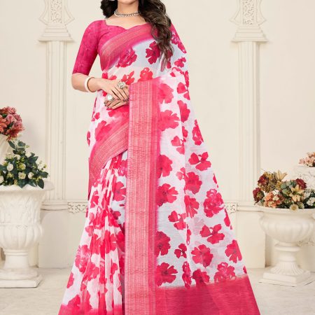 Pink Silk Crush Saree Featuring Digital Floral Prints and a Zari Weave Border