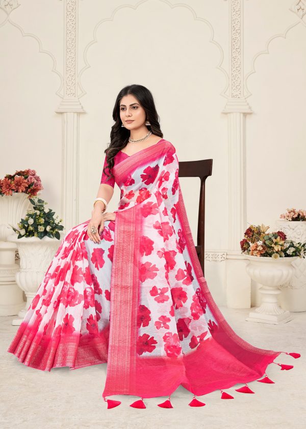 Pink Silk Crush Saree Featuring Digital Floral Prints and a Zari Weave Border