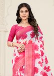 Pink Silk Crush Saree Featuring Digital Floral Prints and a Zari Weave Border