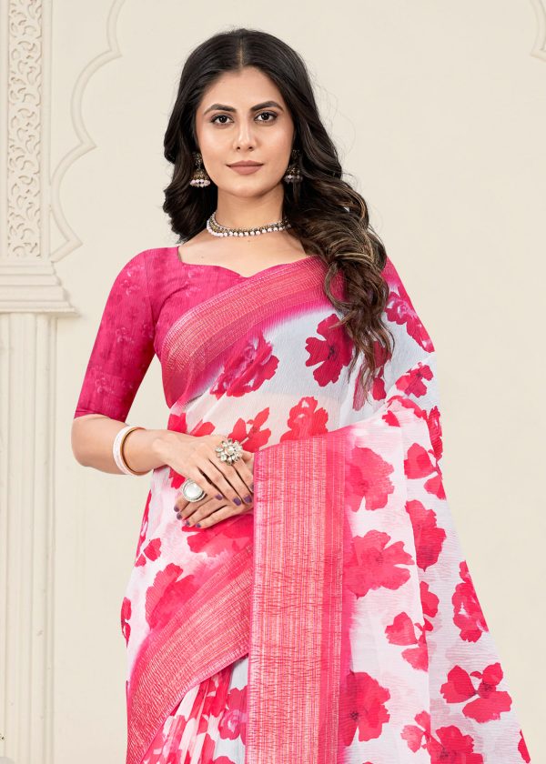 Pink Silk Crush Saree Featuring Digital Floral Prints and a Zari Weave Border