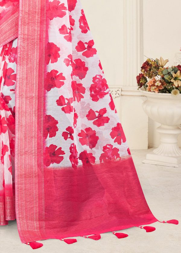 Pink Silk Crush Saree Featuring Digital Floral Prints and a Zari Weave Border