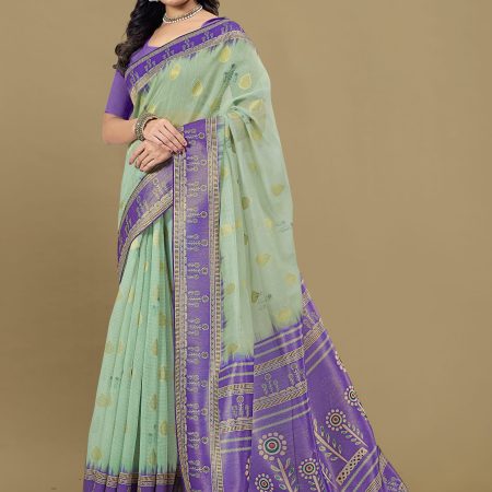 Pista soft Cotton Silk Saree with Digital Ethnic Prints and Zari Woven Border with Butti