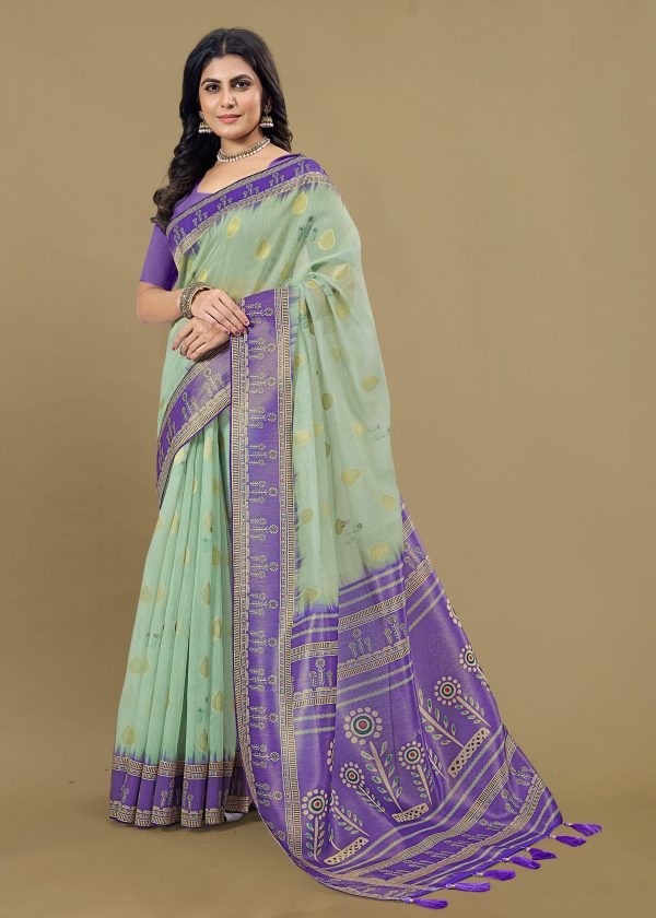 Pista soft Cotton Silk Saree with Digital Ethnic Prints and Zari Woven Border with Butti