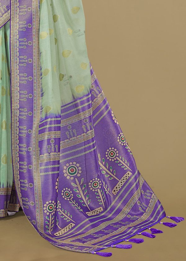 Pista soft Cotton Silk Saree with Digital Ethnic Prints and Zari Woven Border with Butti