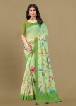 Pista Soft Linen Silk Saree Featuring All-Over Floral Motifs and Zari Border