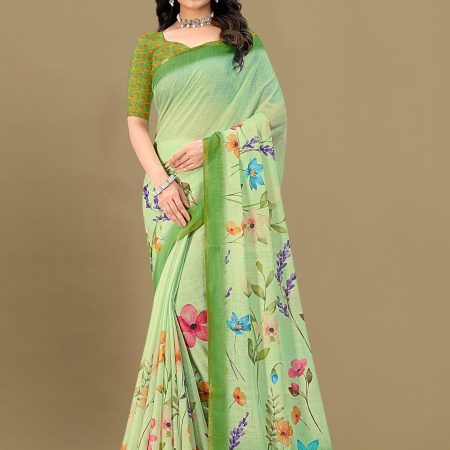 Pista Soft Linen Silk Saree Featuring All-Over Floral Motifs and Zari Border