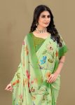 Pista Soft Linen Silk Saree Featuring All-Over Floral Motifs and Zari Border