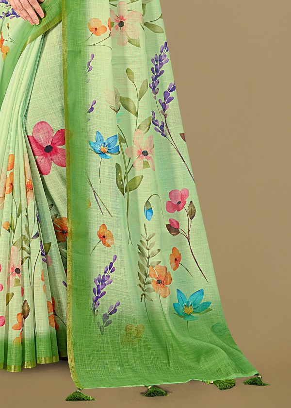 Pista Soft Linen Silk Saree Featuring All-Over Floral Motifs and Zari Border