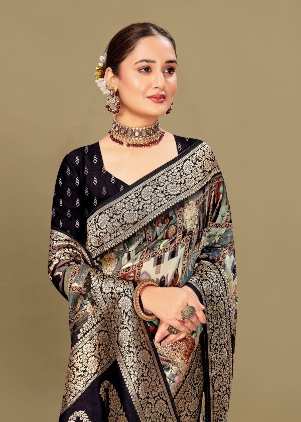 Pure Georgette Saree in Multicolor with Ethnic Digital Designs, Zari Borders, and Butta Work