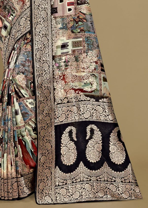 Pure Georgette Saree in Multicolor with Ethnic Digital Designs, Zari Borders, and Butta Work