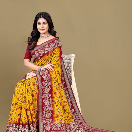 Pure Tussar Silk Saree with Artistic Orange-Yellow Kalamkari Prints, Gleaming Zari Borders and Butta