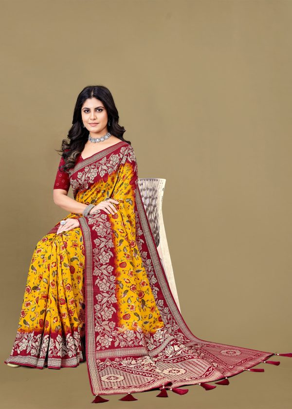 Pure Tussar Silk Saree with Artistic Orange-Yellow Kalamkari Prints, Gleaming Zari Borders and Butta