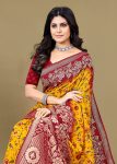 Pure Tussar Silk Saree with Artistic Orange-Yellow Kalamkari Prints, Gleaming Zari Borders and Butta