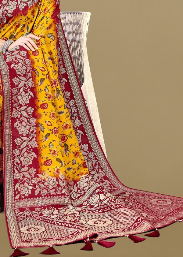 Pure Tussar Silk Saree with Artistic Orange-Yellow Kalamkari Prints, Gleaming Zari Borders and Butta