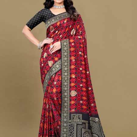 Pure Tussar Silk Saree with Bold Maroon Ikat Digital Prints, Zari Woven Border, and Refined Butta Accents