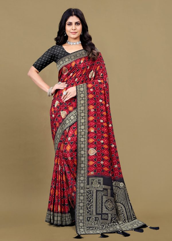 Pure Tussar Silk Saree with Bold Maroon Ikat Digital Prints, Zari Woven Border, and Refined Butta Accents