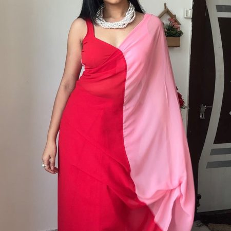 Trendy 1-Minute Ready To Wear Red and Pink Georgette Saree