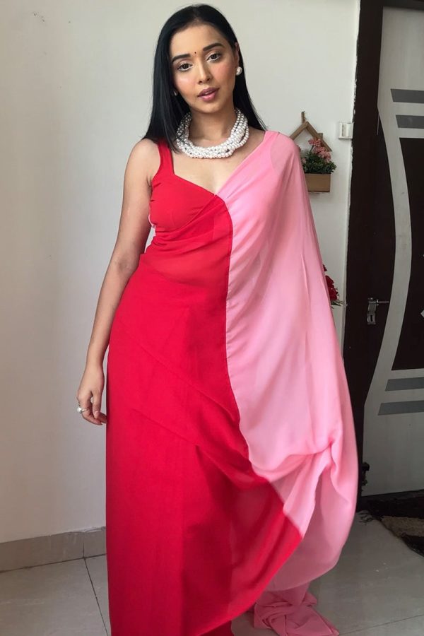 Trendy 1-Minute Ready To Wear Red and Pink Georgette Saree