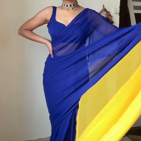 Amazing 1-Minute Ready To Wear Blue And Yellow Georgette Saree