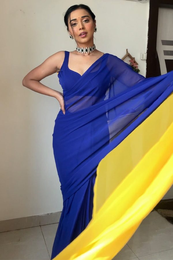 Amazing 1-Minute Ready To Wear Blue And Yellow Georgette Saree