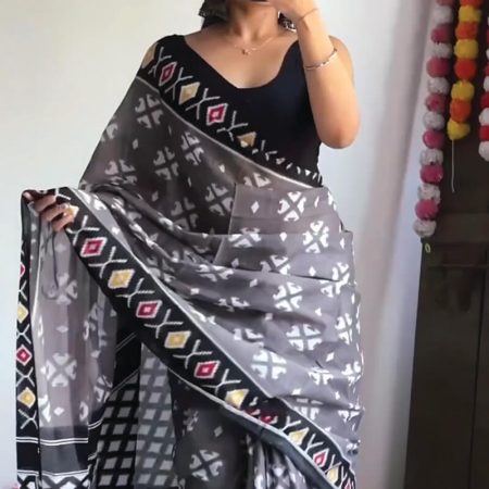 Elegant 1-Minute Ready To Wear Grey Cotton Saree