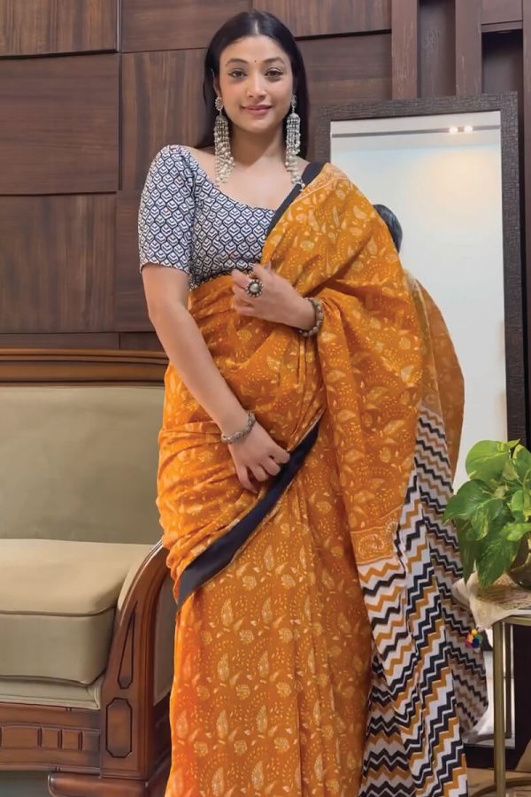 Attractive 1-Minute Ready To Wear Mustard Cotton Saree