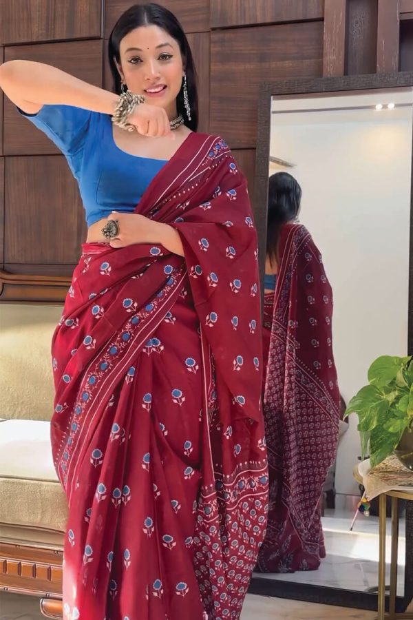 Winsome 1-Minute Ready To Wear Maroon Cotton Saree