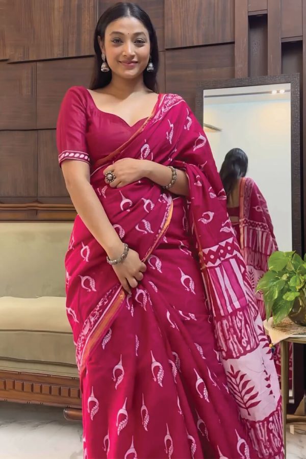 Nebula 1-Minute Ready To Wear Dark Pink Cotton Saree