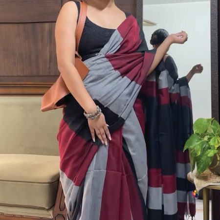 Verdant 1-Minute Ready To Wear Grey and Maroon Cotton Saree