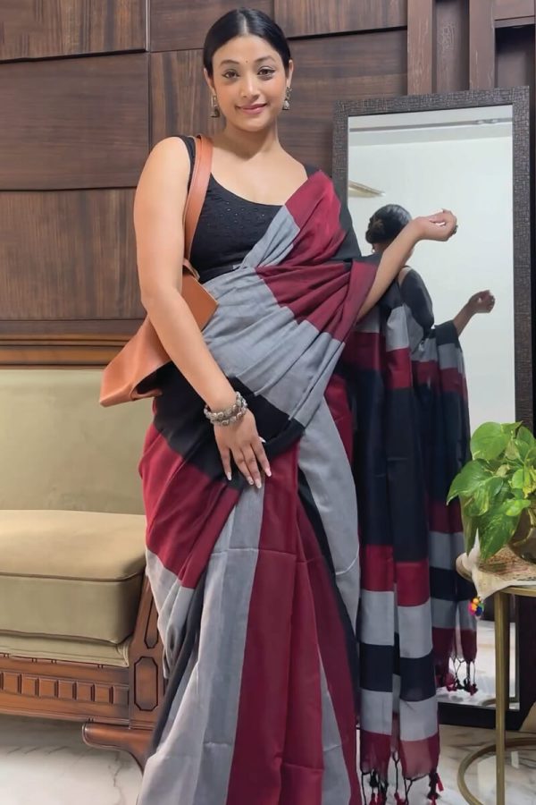 Verdant 1-Minute Ready To Wear Grey and Maroon Cotton Saree