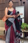 Verdant 1-Minute Ready To Wear Grey and Maroon Cotton Saree