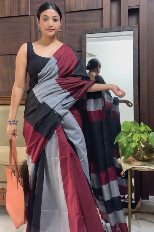 Verdant 1-Minute Ready To Wear Grey and Maroon Cotton Saree