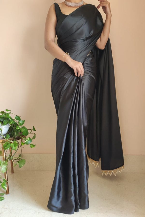 Amazing 1-Minute Ready To Wear Black Satin Silk Saree