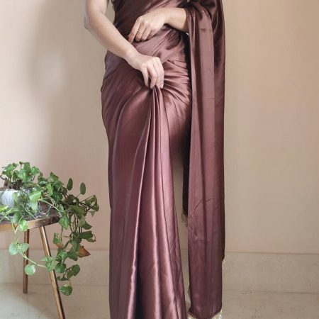 Desultory 1-Minute Ready To Wear Brown Satin Silk Saree