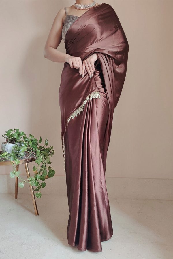 Desultory 1-Minute Ready To Wear Brown Satin Silk Saree