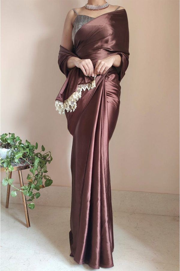 Desultory 1-Minute Ready To Wear Brown Satin Silk Saree