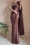 Desultory 1-Minute Ready To Wear Brown Satin Silk Saree