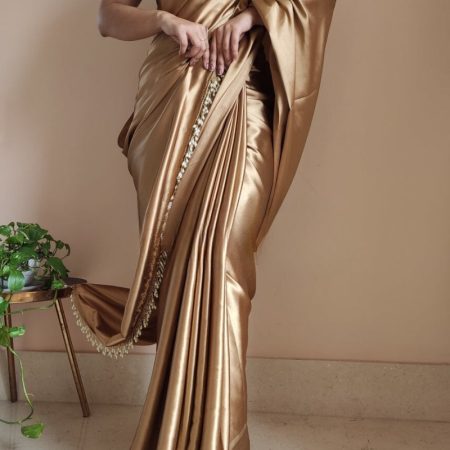 Energetic 1-Minute Ready To Wear Champagne Gold Satin Silk Saree